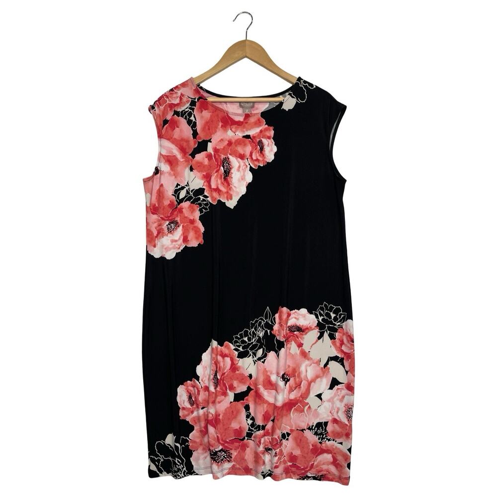 Chicos Dress Womens Large 2 Black Pink Floral Stretch Shift Boho Lightweight